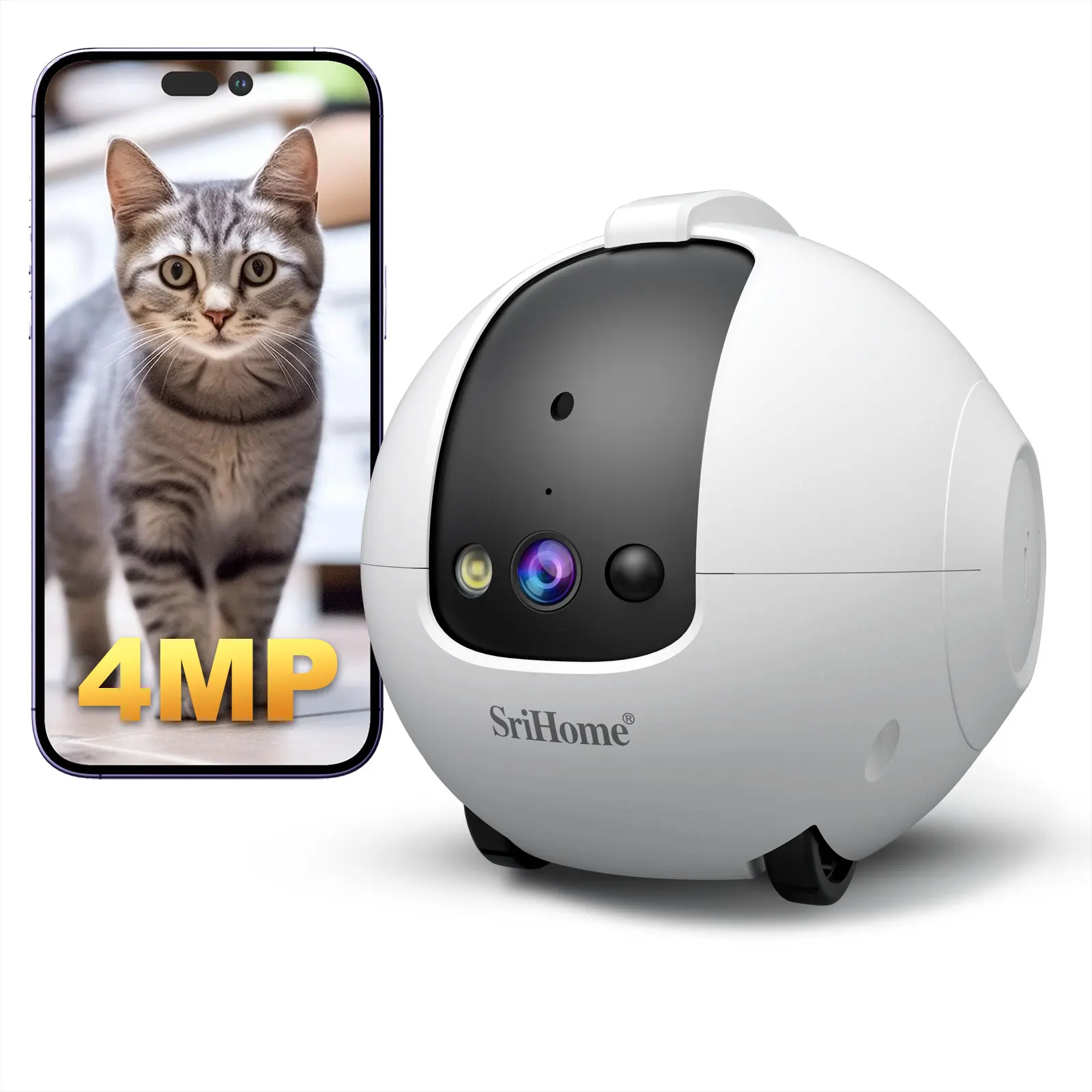 4MP HD Smart Pet   Robot with   & Toy, AI Tracking, 2-Way Audio, Night Vision, App Control, Auto Recharge Cloud Storage