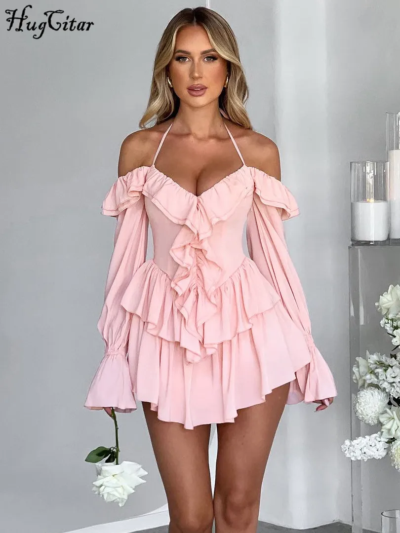 Hugcitar printemps élégant volants solide manches longues évasées Sexy plissé Mini robe femmes décontracté Y2K vêtements fête d'anniversaire vacances