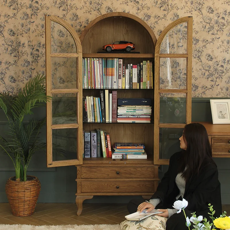 American Country Dome Solid Wood Bookcase TV Side Cabinet Oak Locker Restaurant Side Cabinet Pastoral Wine Cabinet