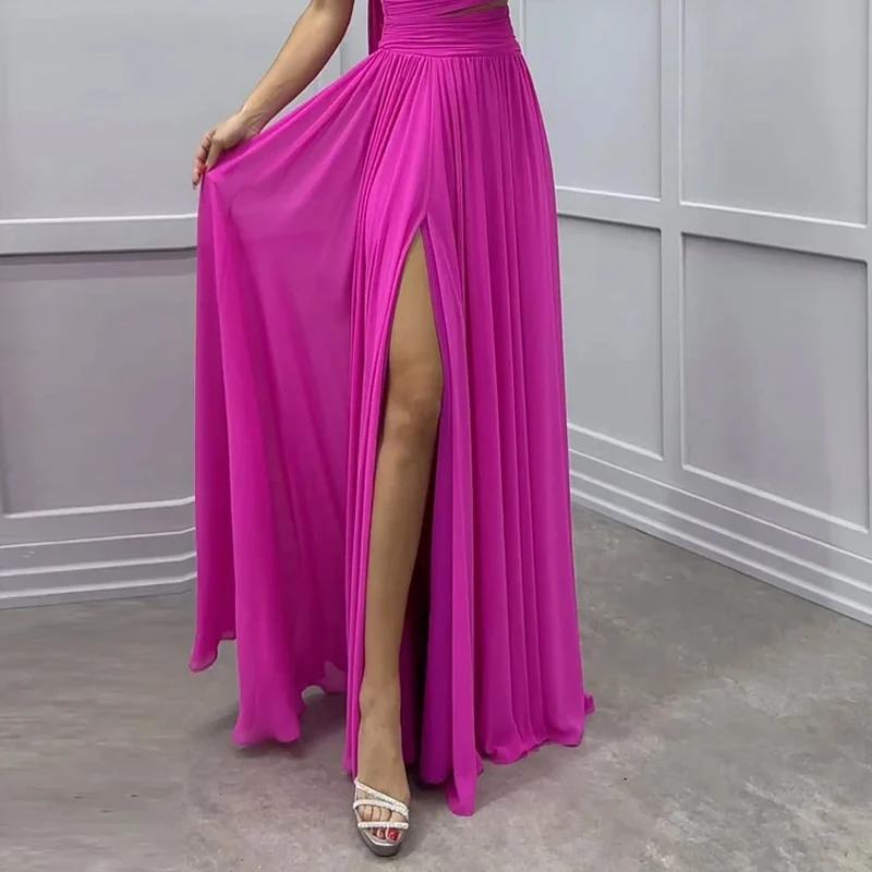 Ellafads Maxi Dress Women Summer Elegant One Shoulder Long Sleeve Hollow Solid Pleated Nipped Waist Slit Evening Maxi Dresses