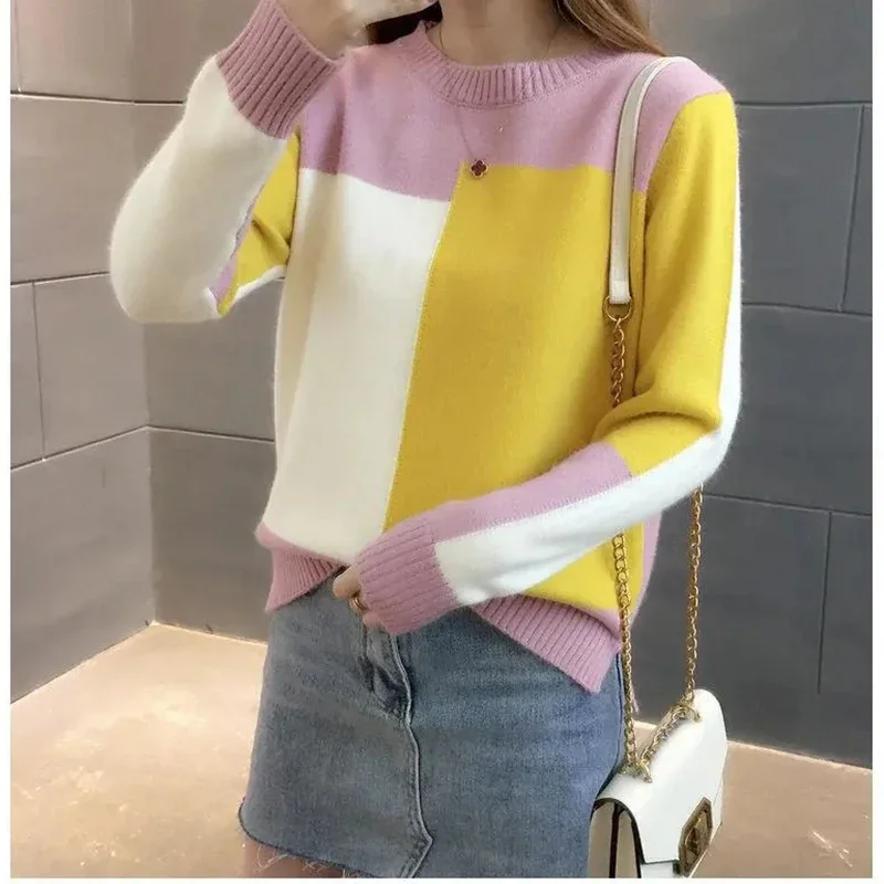 Women's Knitted Ribbed O-Neck Color Contrast Sweater Loose Long Sleeve Wool Pullover for Autumn Winter 2024