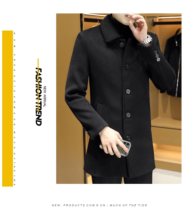 Hochwertiger, modischer, einseitiger Mantel für Herbst/Winter 2022, neuer, einreihiger, mittellanger Wollmantel für Herren aus 50 Wolle, M-4XL – Detail 14