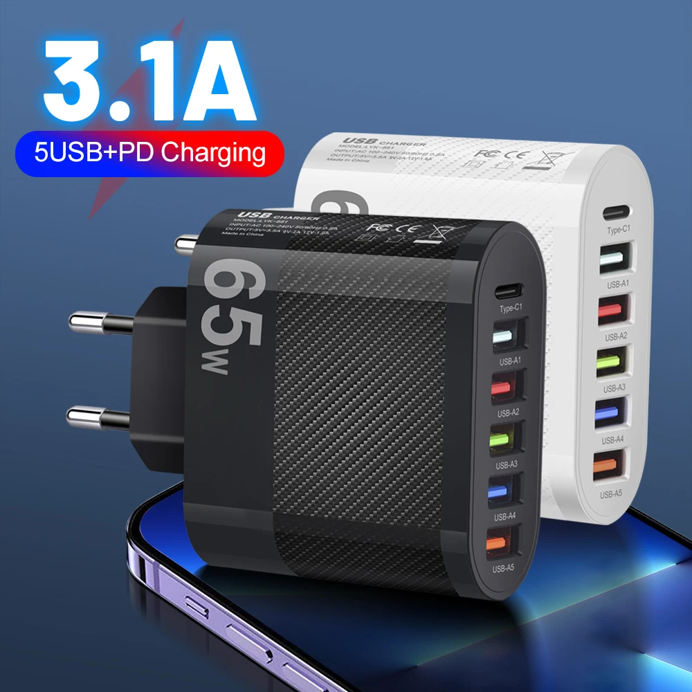 3.1A 5Ports USB Charger PD Charging Adapter For Xiaomi iPhone 13 Samsung Mobile Phone Plug Charging QC 3.0 Wall Charger