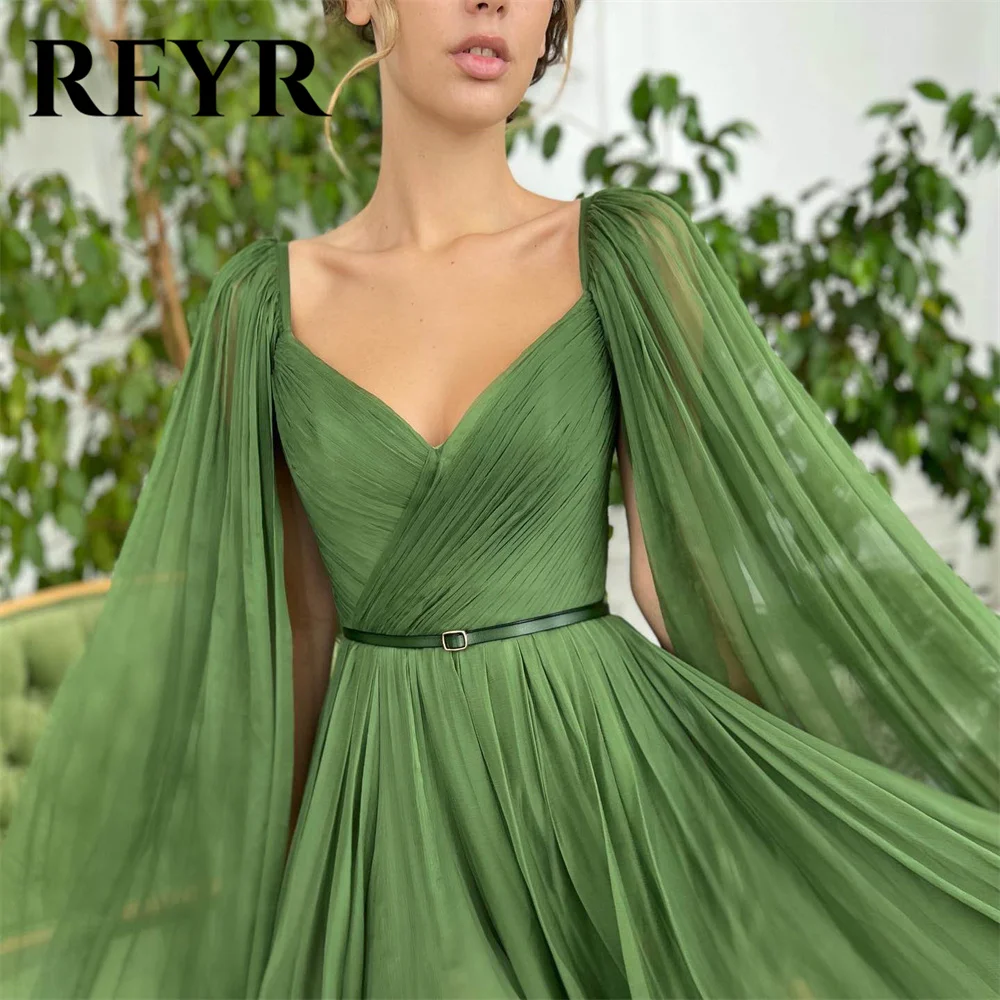 RFYR Green Chiffion Elegant Wedding Party Dress Pleat Celebrity Dresses V Neck Special Occasion Dresses with Belt robes du soir