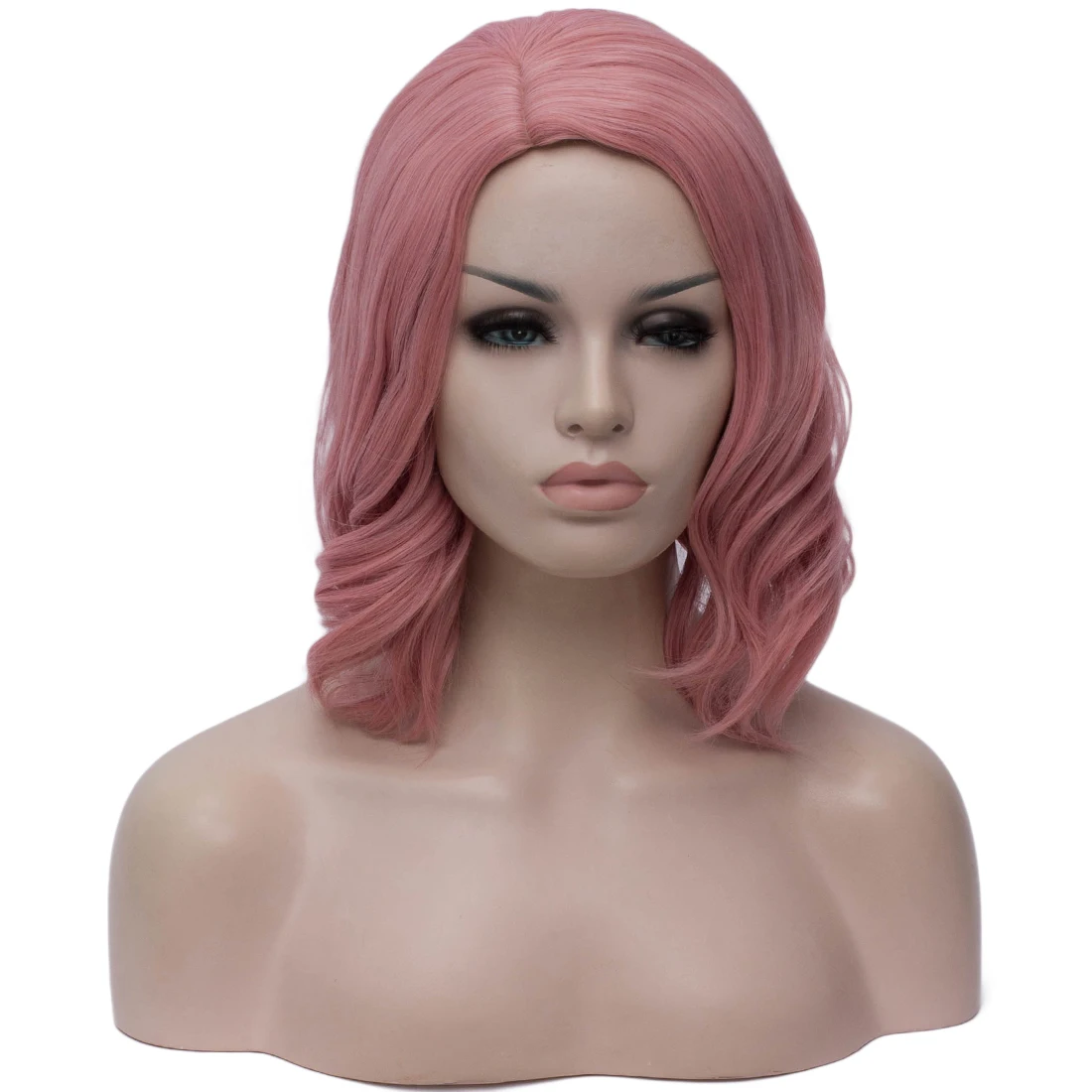 

Heat Resistant Synthetic Short Wavy Pink Wig Middle Part Line Lolita for Women Cosplay Party Daily Use