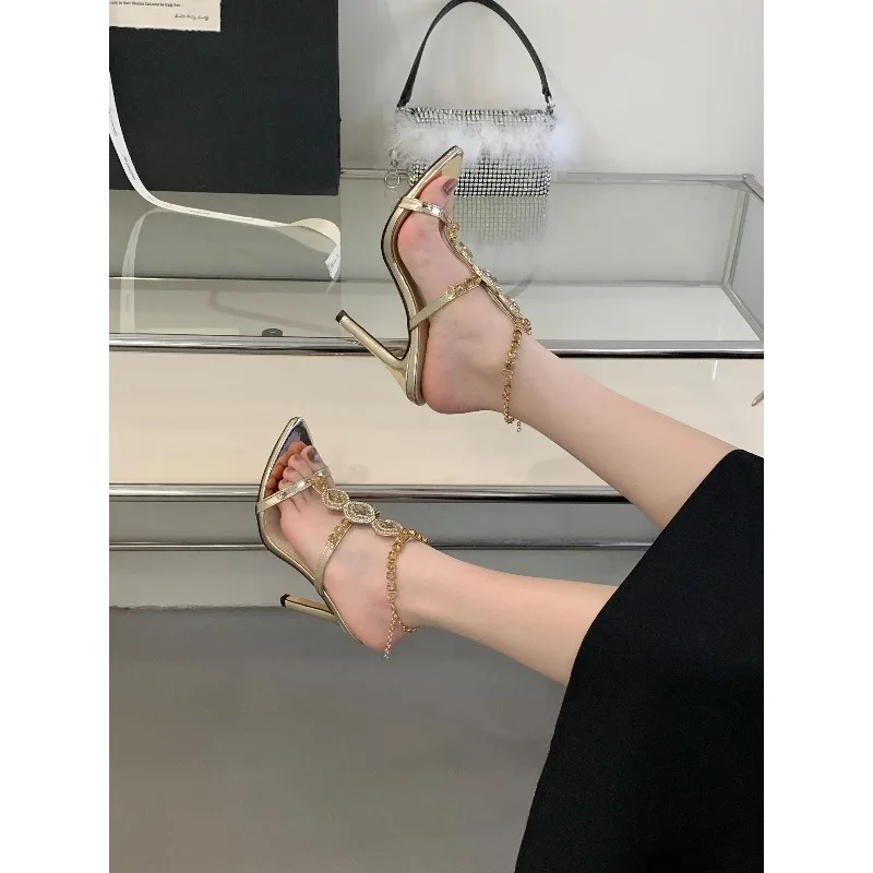 New Women's Fashionable and Sexy Pointed High-heeled Sandals Rhinestone Chain Stiletto Sandals Size 35-41