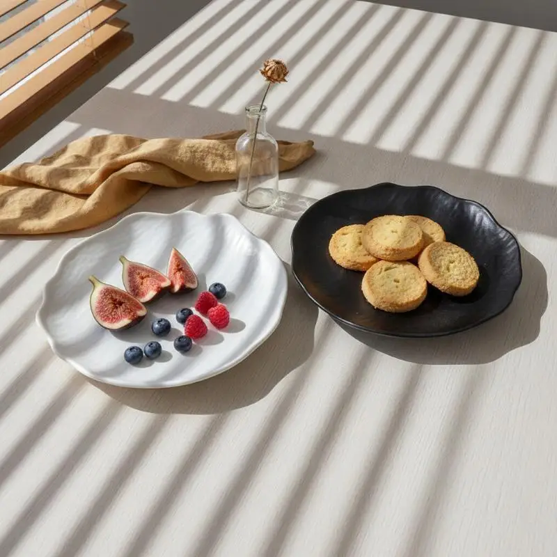 Ceramic Serving Plates With Matte Frosted Surface And Wavy Edge For Kitchen Snacks Desserts Fruits Sushi