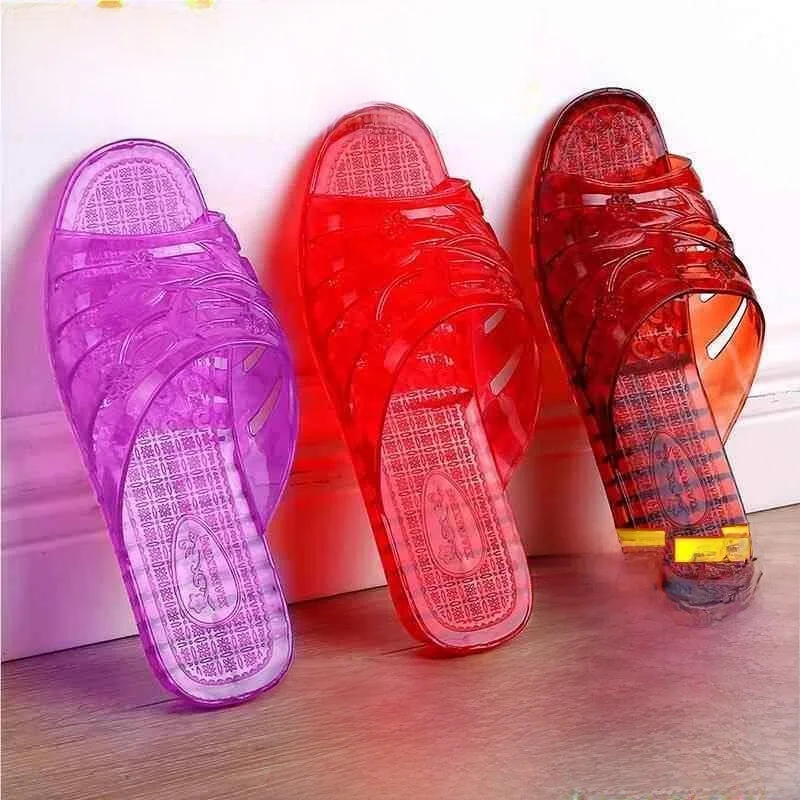 

Bathing Crystal Plastic Low Heel Sandals Anti-Slip Beach Summer Home Water Shoes Simple Retro Classic Mom Slippers Fly Blue V...