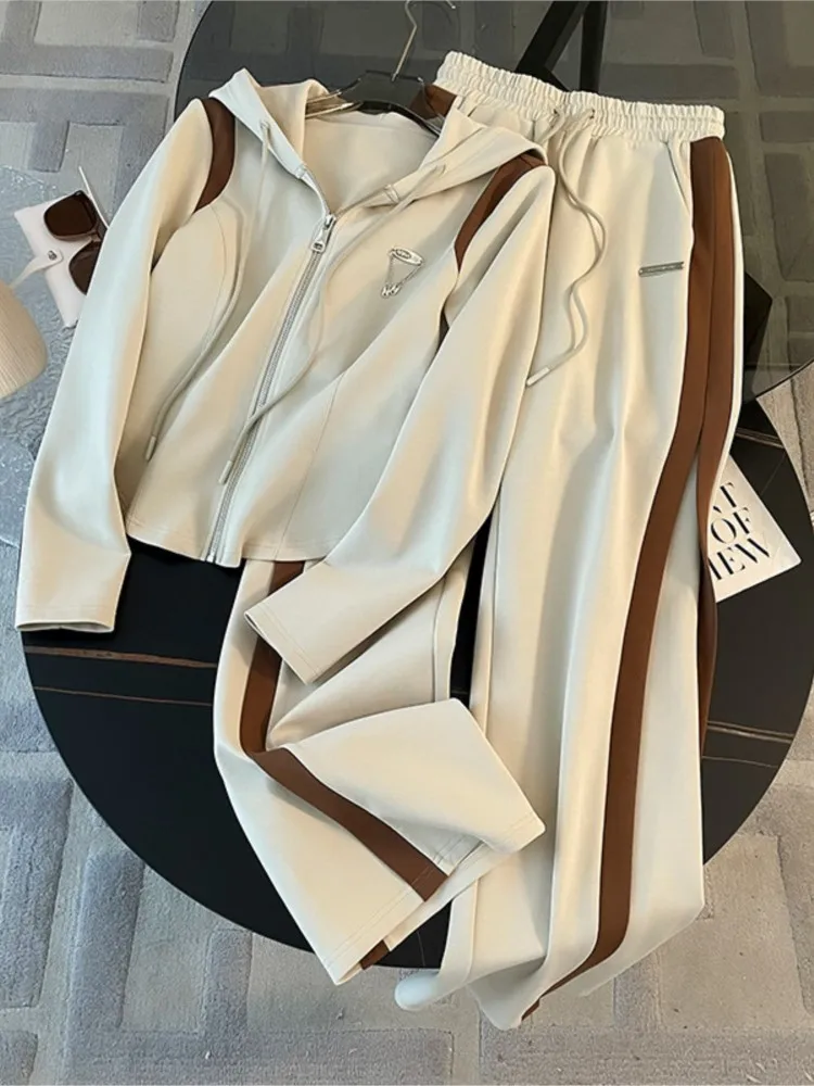 

Woman's Hooded Casual Two-piece Set Fashion Zipper Long Sleeves Coat Lace-up Long Pant Suit Autumn Winter Ladies Office Outfit