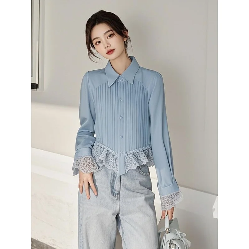 

Рубашка на пуговицах с длинными рукавами. Элегантная и универсальная синяя кружевная лоскутная шифоновая рубашка. Весна и осень. Новые женские лацканы.