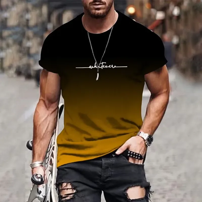 New Men's Gradient Letter Printed Comfortable Breathable Round Neck T-Shirt for Outdoor and Street