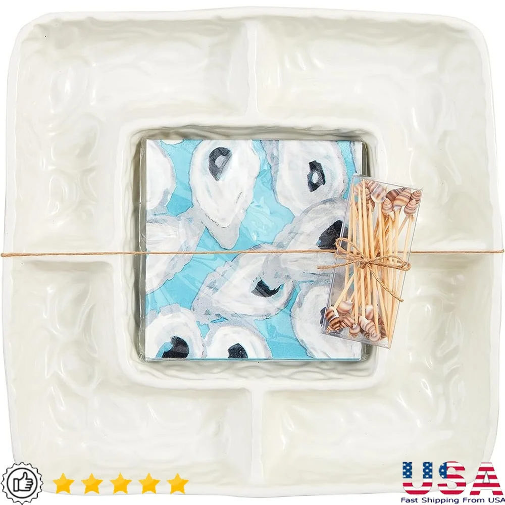 

Oyster Section Server Set 2-Piece Durable Stoneware Dishware Dishwasher Microwave Safe Napkin Holder Toothpick Compartment