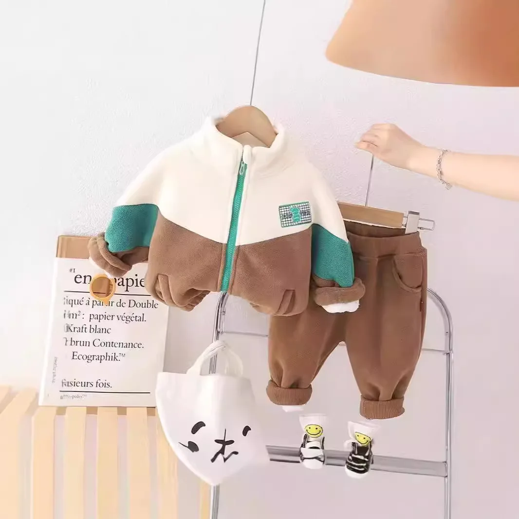 Autumn and winter children's thickened plush fleece clothing new boys and girls color blocking zippered shirt pants 2-piece set