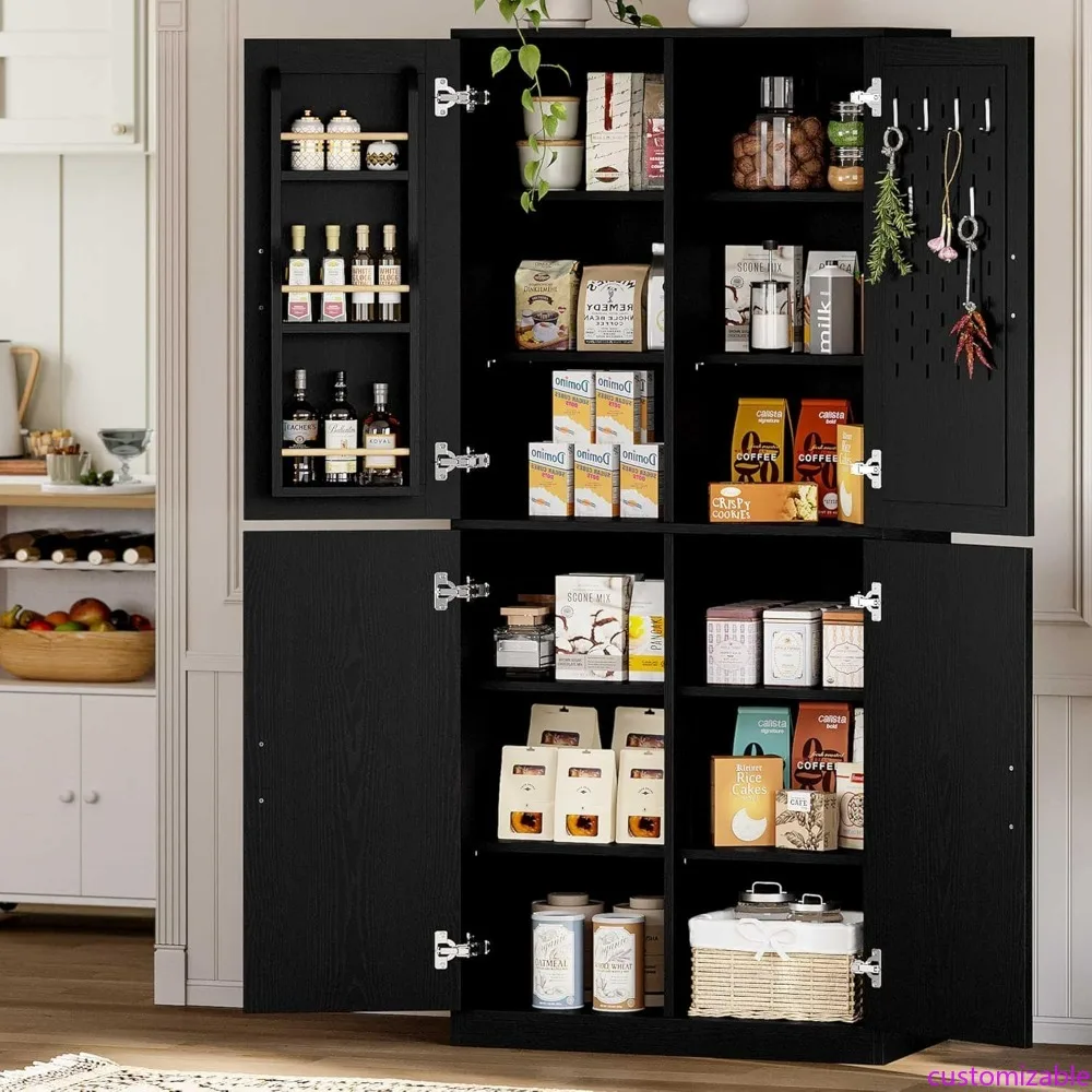 

Kitchen Storage Cabinet with Rack, Pegboard Doors, Adjustable Shelves, Freestanding Food Pantry