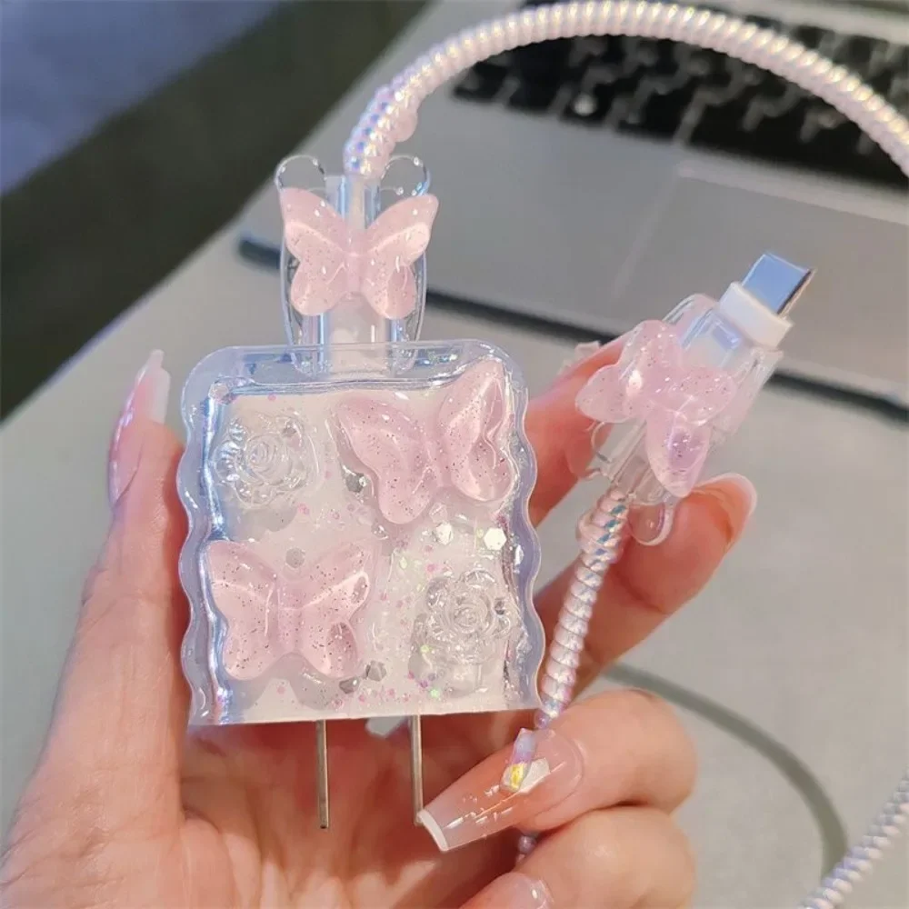 Pink Crystal Butterfly Charging Data Cable Protector Winder Accessories for iPhone 18/20w Cartoon Charger Protective Cover