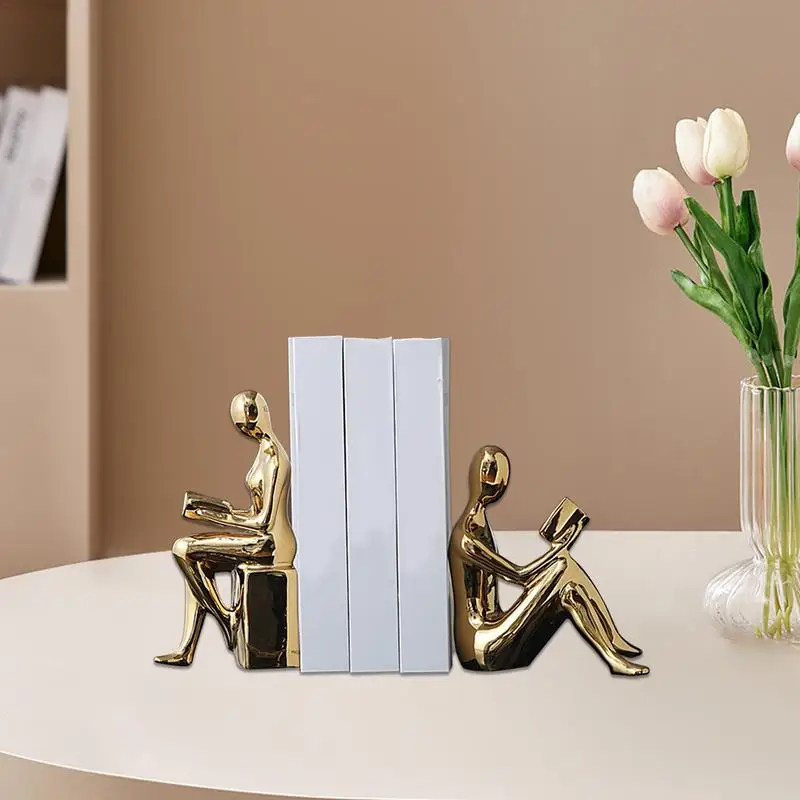 Book Ends For Shelves Decorative 2X Abstract Figurine Design Heavy Duty Bookends For Shelves Anti-Slip Ceramic Books Storage For