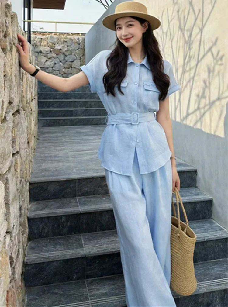 Customization European women's clothing for summer 2026 Short-sleeved button-down linen shirt Wide-leg pants set image 4