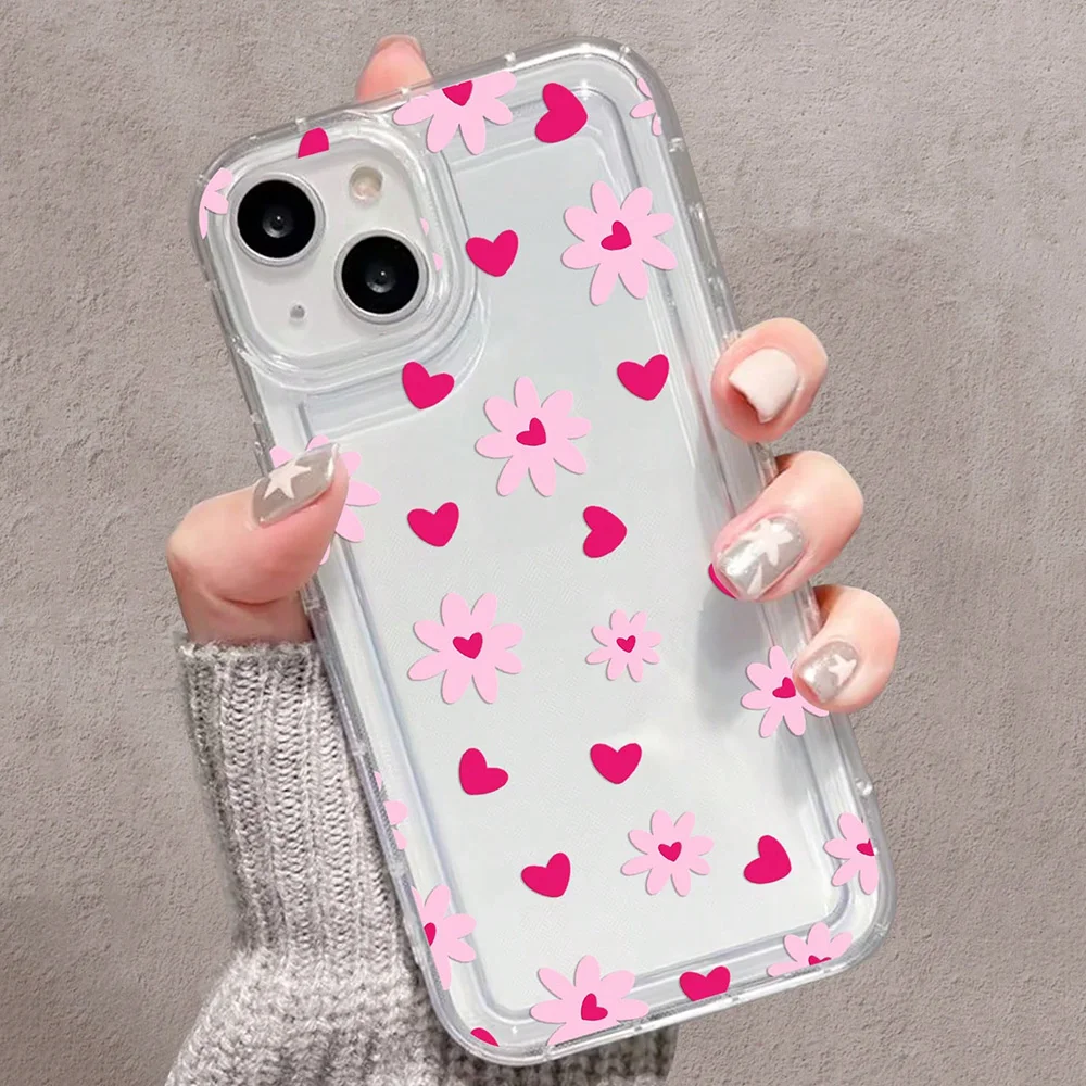 Pink Flowers Heart Print Clear Phone Case For iPhone 17 Cases iPhone 16 15 14 13 12 11 Pro Max 16E XS X XR 7 8 Plus 17 Air Cover