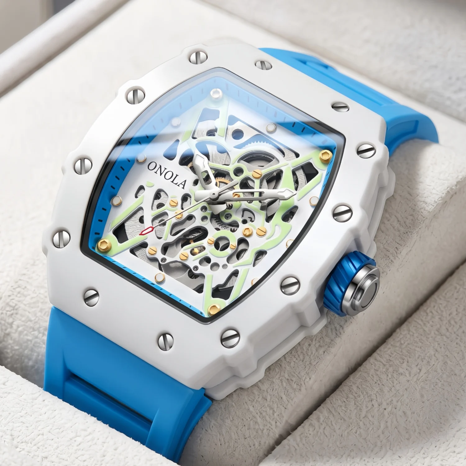 ONOLA Men's Hollow Mechanical Watch Metal Shell Silicone Strap Night Light Waterproof Bucket Shaped Fashion Watch, Men's Gift
