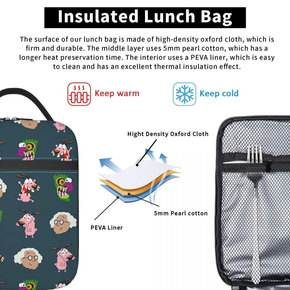 Courage The Cowardly Dog - Pixel Pattern Insulated Lunch Bag for Women Children Leakproof Food Boxes Thermal Lunch Box Tote