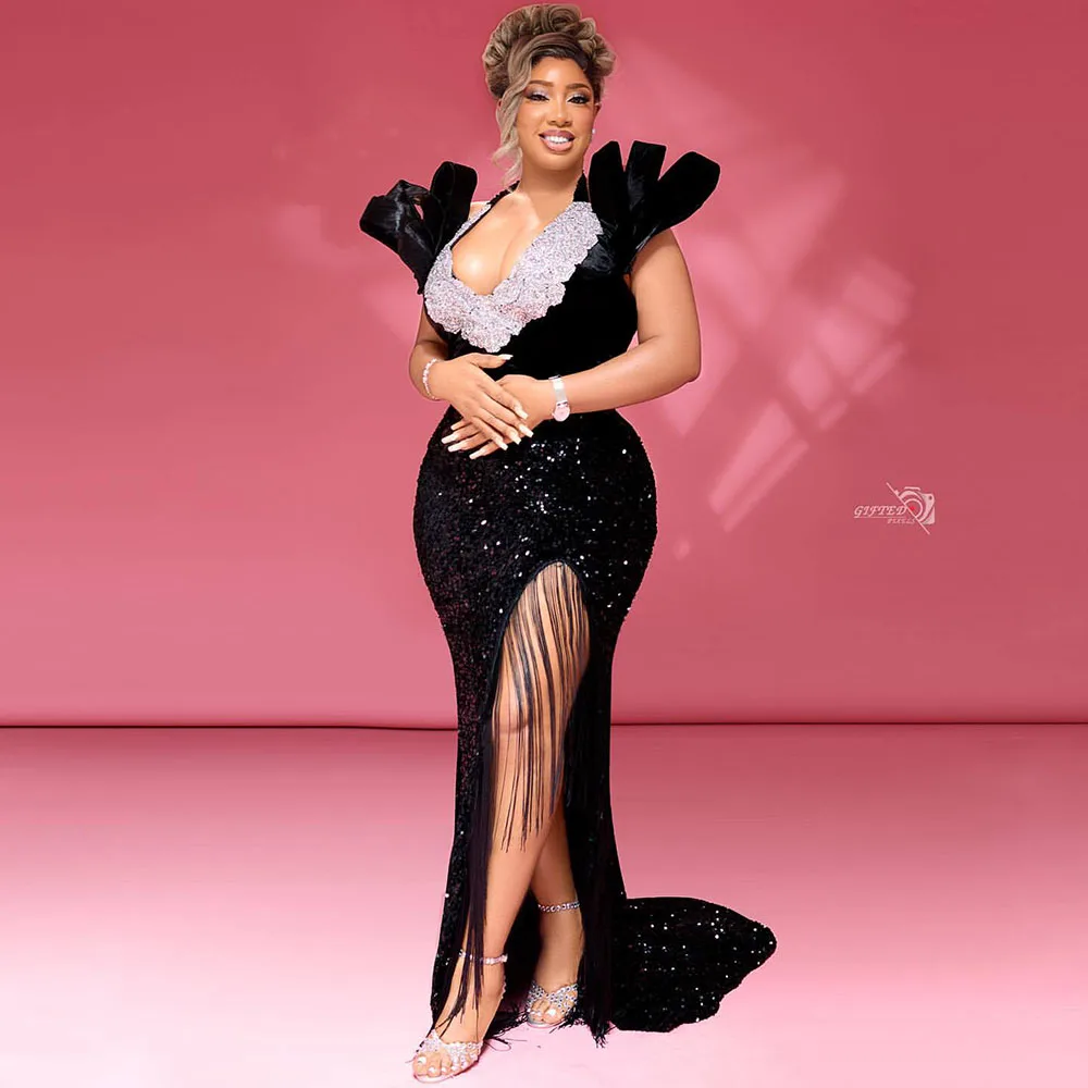 Black Evening Dresses Halter Neck Beads Nigerian Women Mermaid Prom Gowns African Women Party Dinner Wear Customized