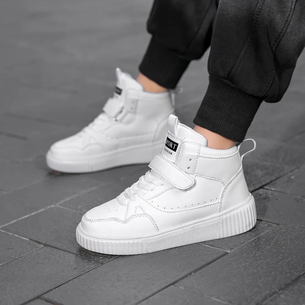 Kids High‑top White Sneakers Boys Girls PU Leather Casual Skate Shoes Hook&Loop Thick Platform Non‑slip Children School Board Sh