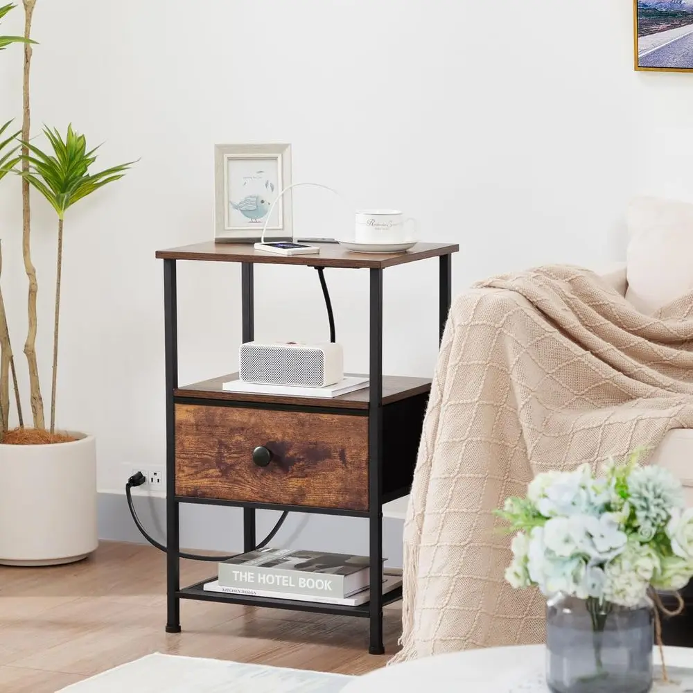 Rustic Brown Charging Nightstand, Storage End Table for Small Spaces, Fabric Drawer Side Table for Bedroom Living Room HETS010PB