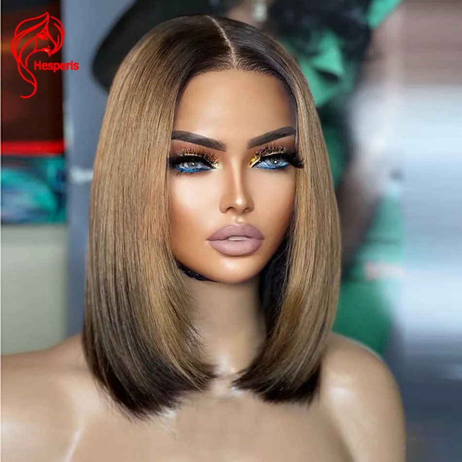 Hesperis Short Bob Human Hair Wig Blonde Highlight Deep Part Lace Front Wigs Brazilian Remy Colored Pu Silk Base Cloure Wig