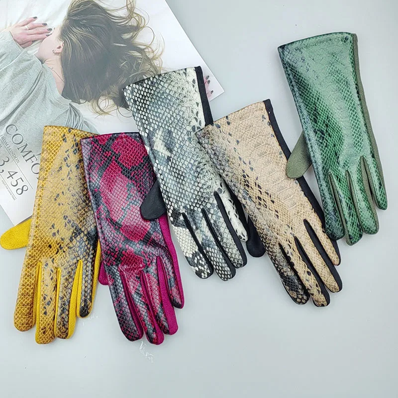 Fashion Snake Pattern Faux Animal Veins Thick Suede Leather Warm Gloves Women Winter Outdoor Velvet Driving Touch Screen Mittens