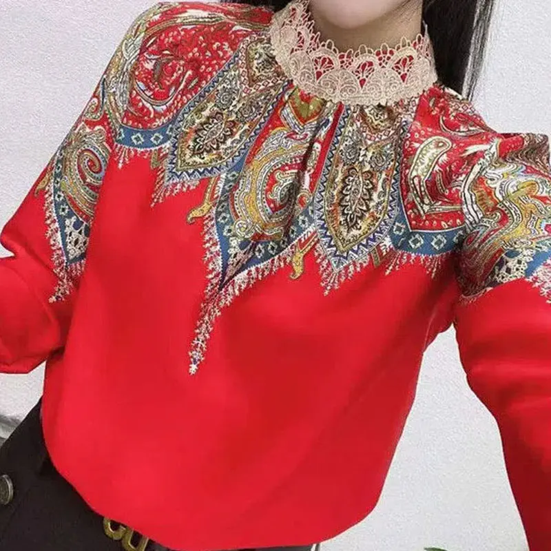 Stand Collar Lace Spliced Printed Vintage Shirt Spring Fashion Female Clothing Long Sleeve Korean Loose Women\'s Pullovers Blouse