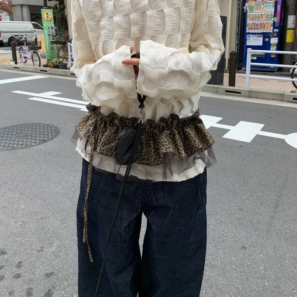 Hip-hop Leopard Print Hip Scarf Skirt Sweet Mesh Ruffled Edge Waistband Shirt Extender Y2K Layer Outfits Belt Waist Accessories