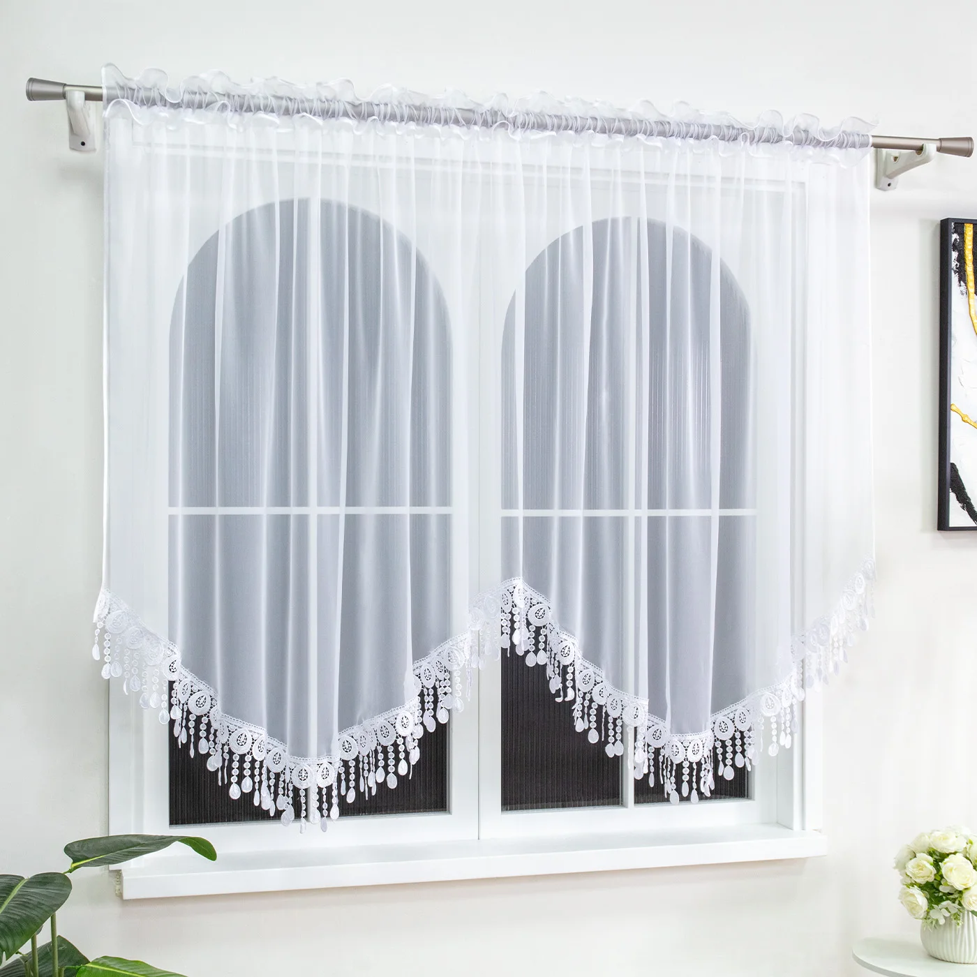 1PC White Sheer Curtain With Lace Pendant Trim, Embroidered Chiffon For Living Room And Cafe, Lovely Housewarming Gift