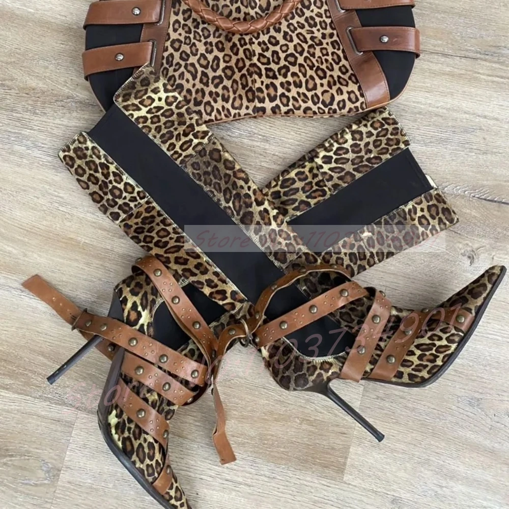 Leopard Multi Strap Knee High Boots Women Studded Wrap Straps Pointed Toe Stiletto High Heels Boots Retro Night Out Streetwear