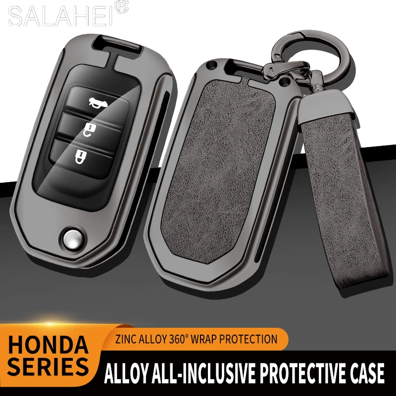 Alloy Leather Car Flip Key Case Cover Bag For Honda Civic HRV CRV XRV CR-V Crider Odyssey Pilot Fit Accord Protector Accessories