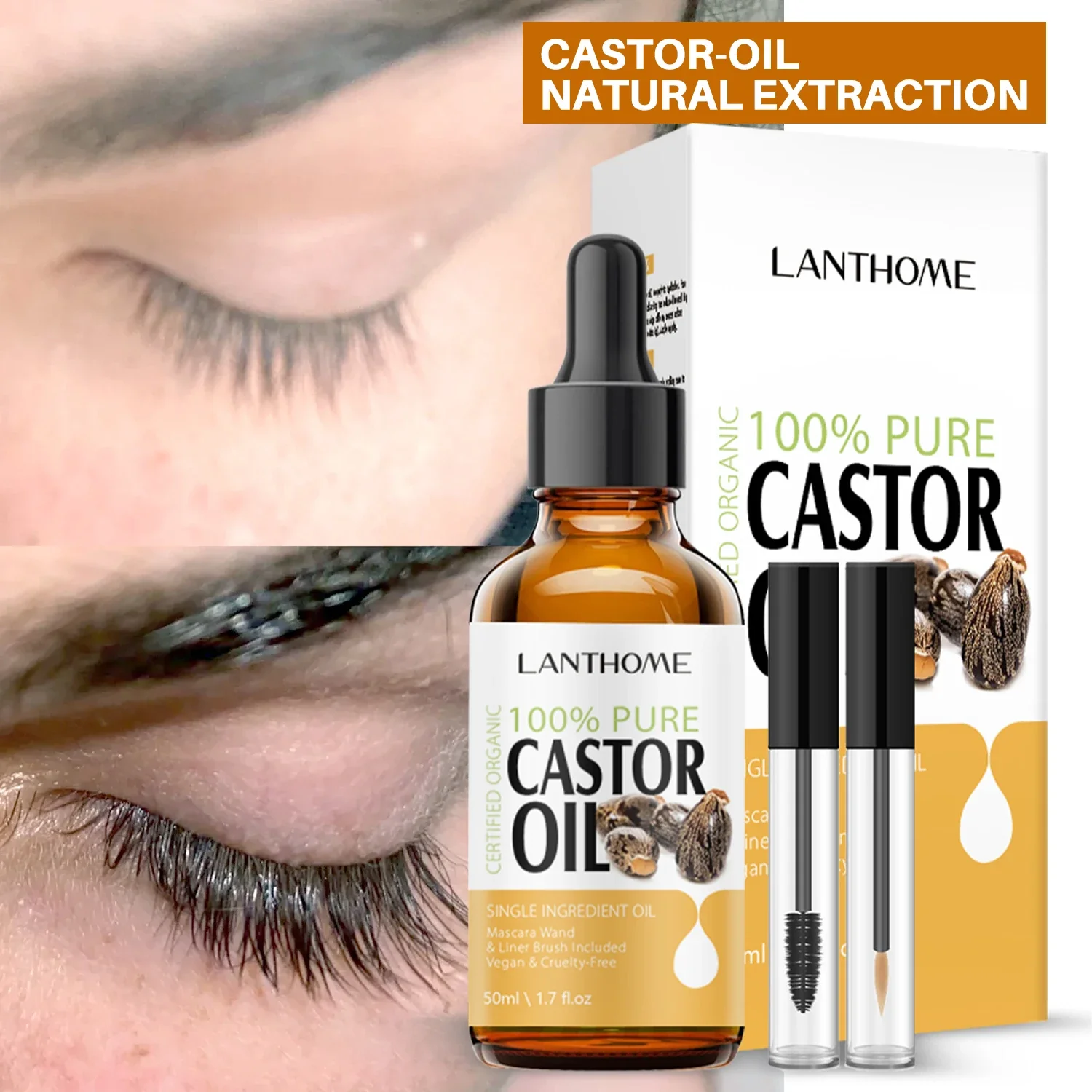 50ML Eyebrow Eyelash Growth Serum Natural Castor Oil Eyelashes Growth Essential Oil Thick Longer Nourishing Enhancer Lash Kit