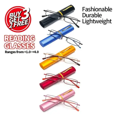 Set of 5 unisex portable reading glasses, ultra-thin blue light-blocking reading glasses with spring hinges, prescription range from +1.0 to +3.5, comes with a hard-case storage box, buy three, get two free