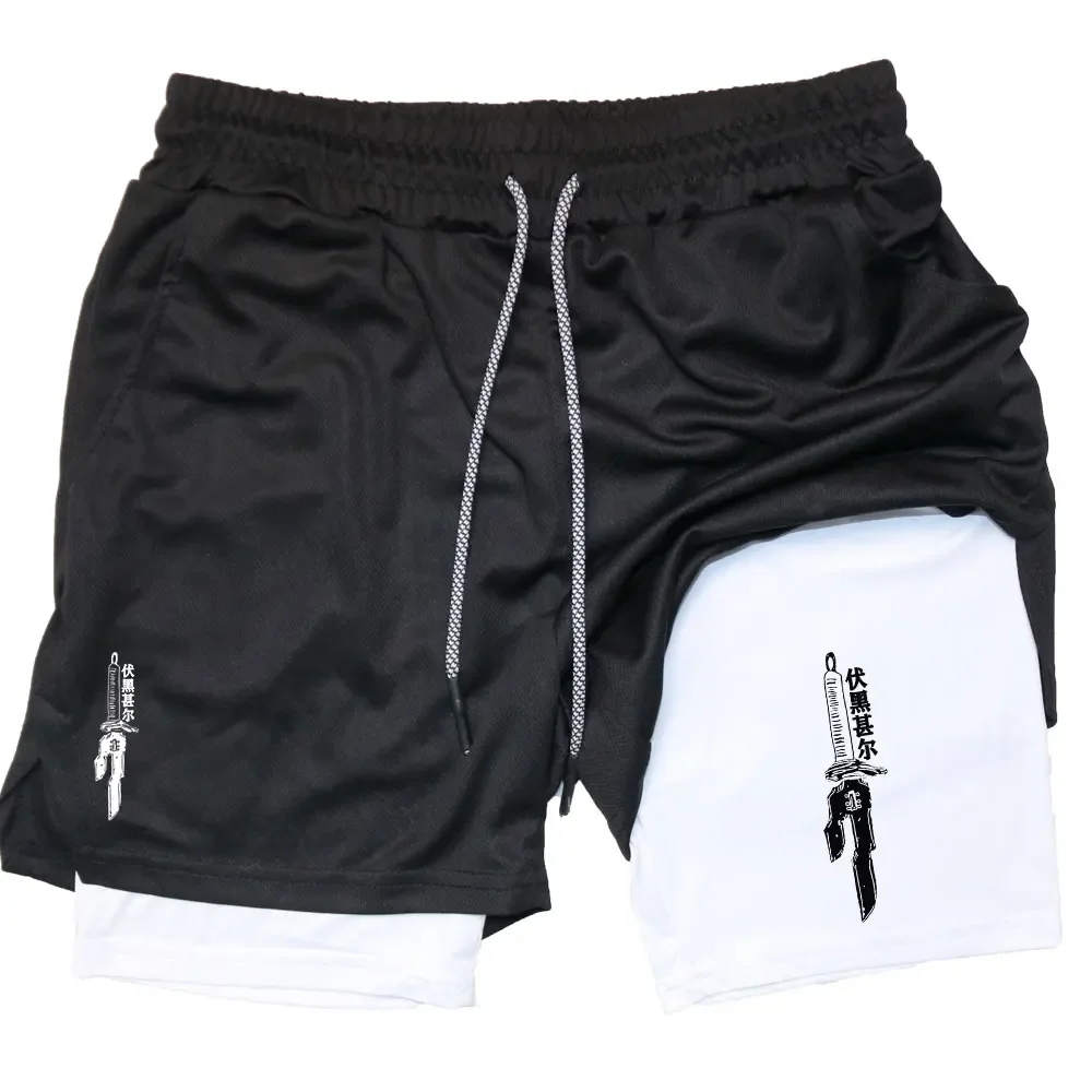 Anime Performance Shorts Men GYM Casual Sports Summer Compression Shorts Workout Running Mesh 2 In 1 Sport Short Pants