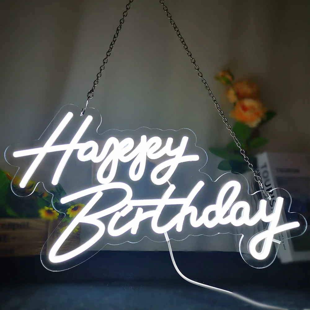 Dimmable LED 'Happy Birthday' Neon Sign in Multiple Sizes 42cm/51cm/76cm with Clear Acrylic Backer - Wall Party Light for Celebr