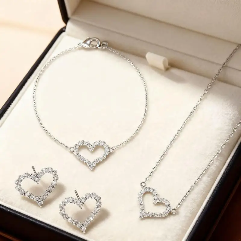 Heart Full Diamond Hollow Heart Necklace Earring Set Alloy Unique Chain Design Necklace Women Fine Jewelry