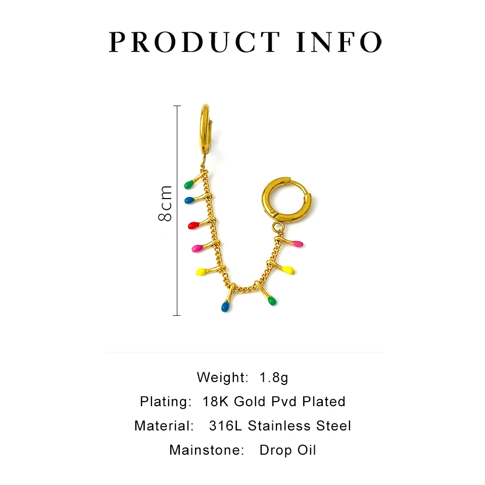 Peri'sbox High Quality Rainbow Color Hoop Earring for Women Unique Double Hole Tassel Chain Stainless Steel Party Trendy Jewelry image 6
