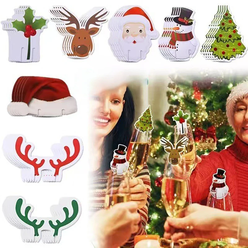 10/20/30PCS Christmas Cup Card Santa Hat Wine Glass Decor Ornaments Navidad Noel New Year Gift Christmas Decorations