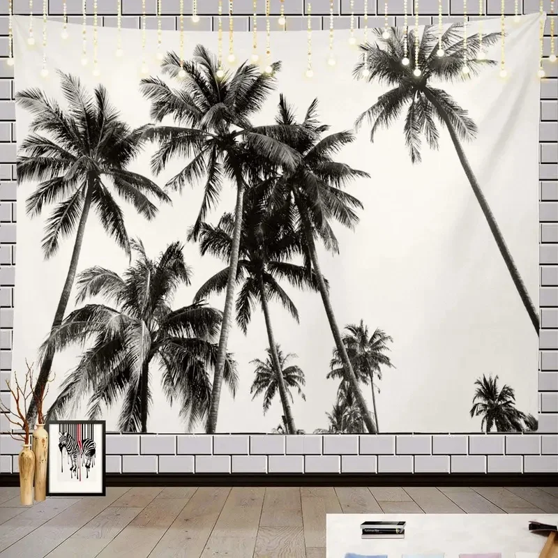 VIKAMA Tropical Palm Wall Tapestry Black White Coconut Tree Minimalist Nature Scenery Fabric Wall Backdrop Indoor Decor