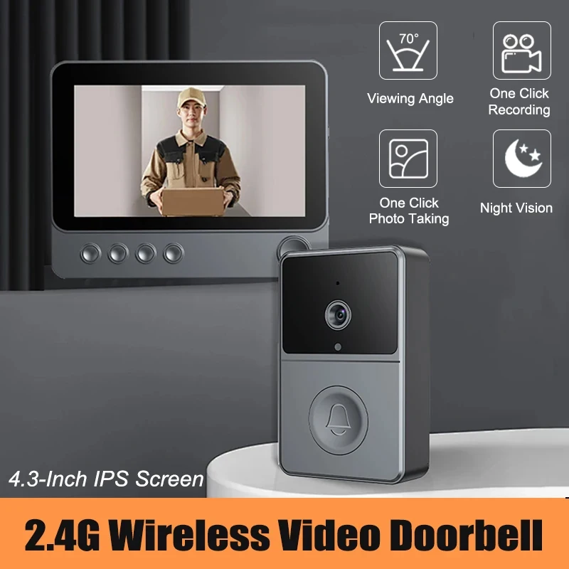 

2.4G Wireless Video Doorbell Camera 4.3-inch IPS Screen Home Apartment Two-Way Voice Intercom Night Vision Smart Visual Doorbell