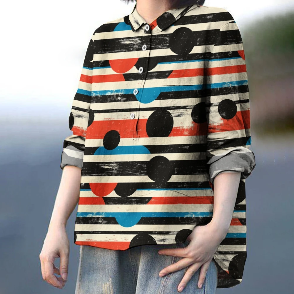 Trendy Black Dots Striped Shirt Multicolored Striped Blouse Horizontal & Vertical Stripes Top Women's Casual Vacation Shirt