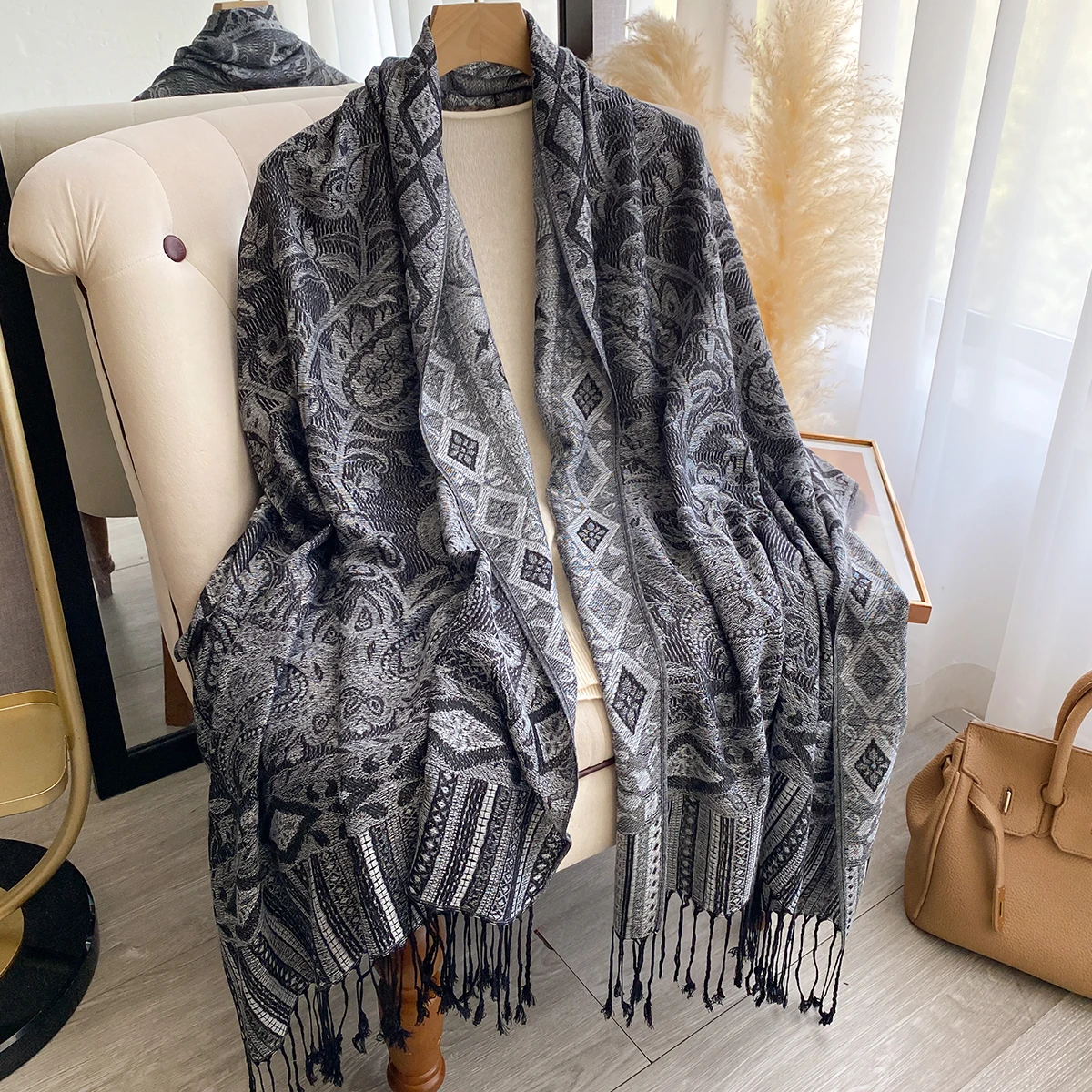 여성용 럭셔리 페이즐리 프린트 자카드 스카프 파시미나 여행용 랩 따뜻한 겨울 판초 숄 패셔너블 액세서리