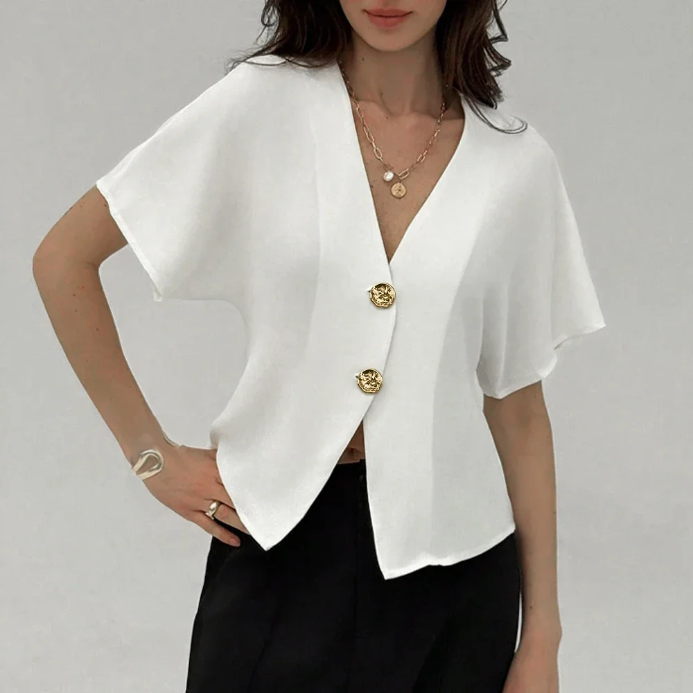 

Women's Summer 2025 Solid Color Short Sleeve V-Neck Shirts Featuring Gold Button Accents Office Lady Design Shirts