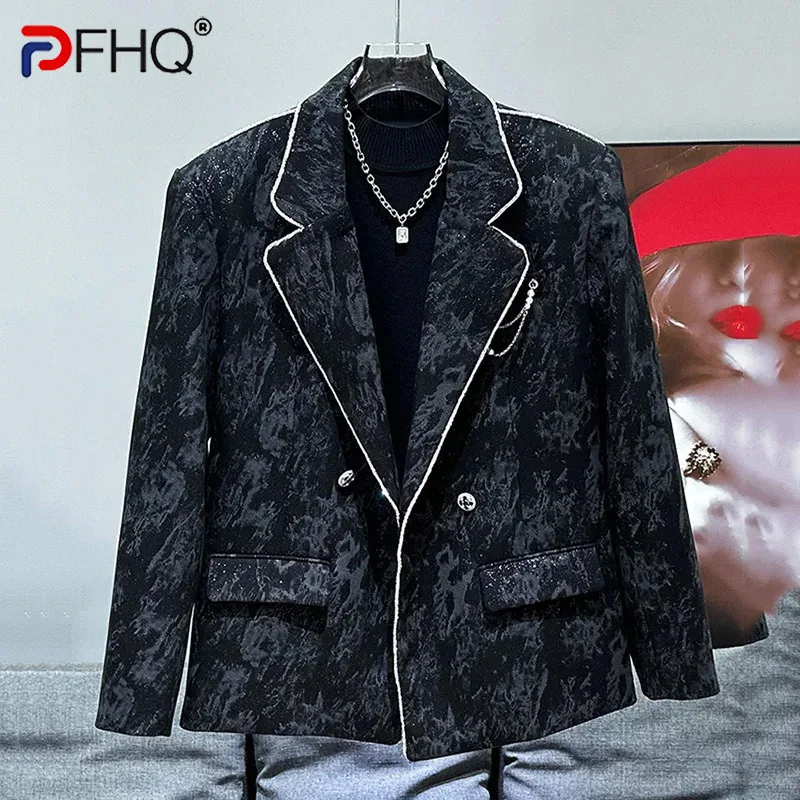 PFHQ Autumn Winter Korean New Fashion Trend Starry Design Chain Decoration High Suit Jacket Long Sleeve Male Tops 21Z6052