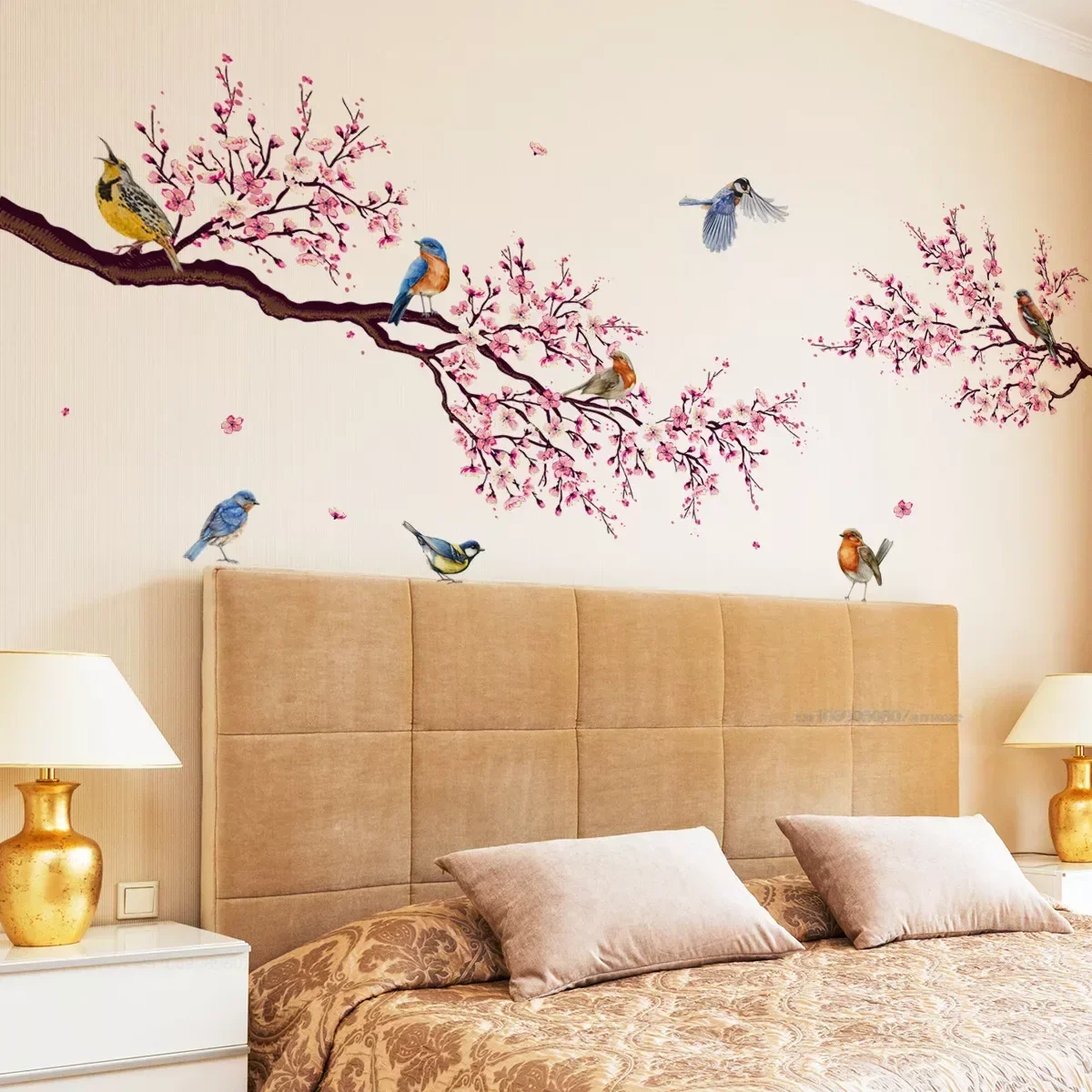 Pink Peach Blossom Flowers Branch Birds Floral Wall Stickers for Bedroom Living Room Furniture Background Wall Decals Murals PVC