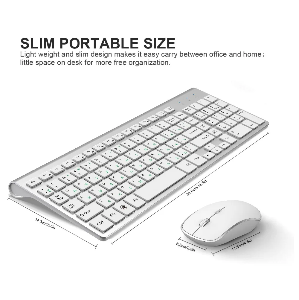 Russian layout 2.4G Wireless Keyboard and Mouse Set,Ergonomic  USB Portable slim design, full size Keyboard Mouse silver white