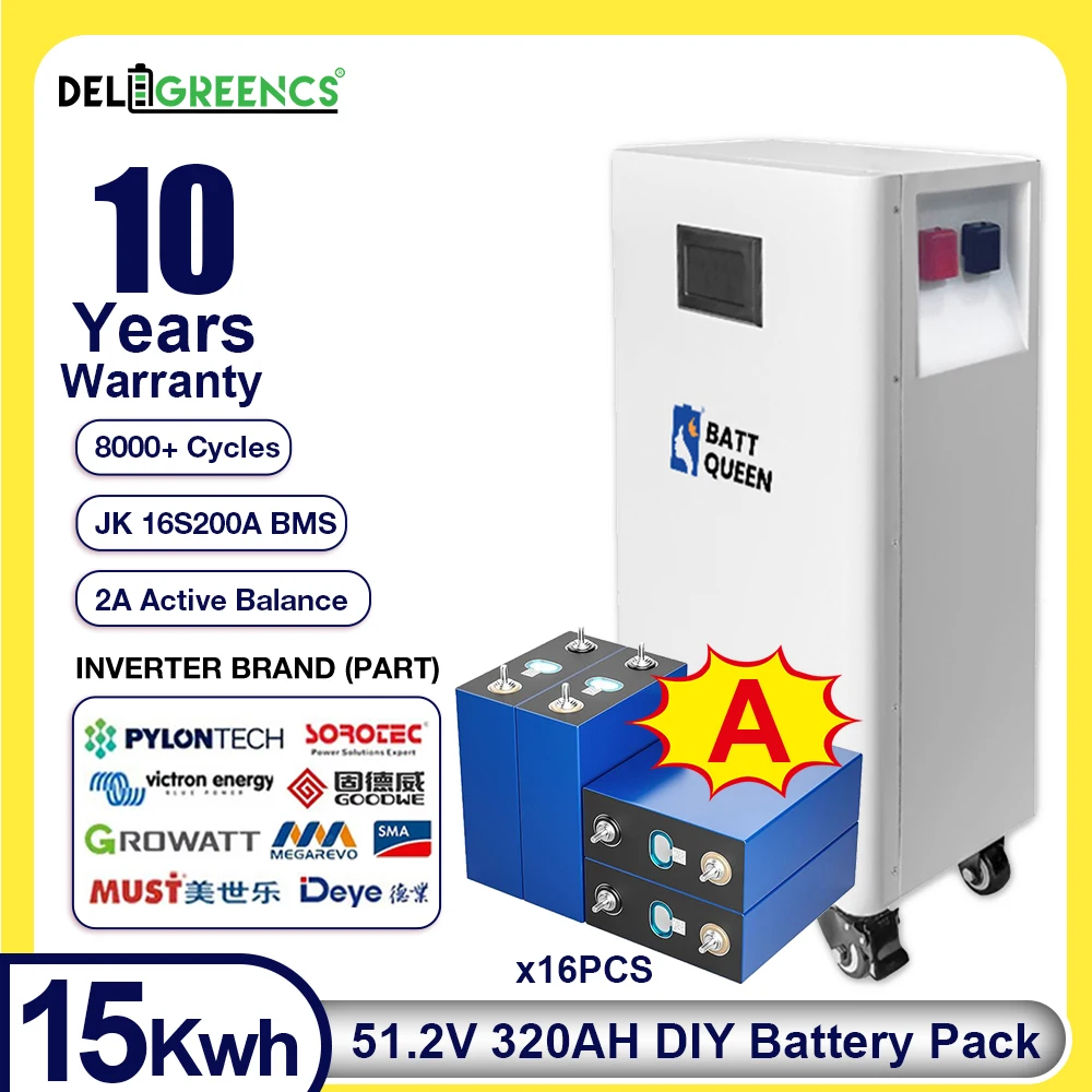 Solar Energy Storage 51.2V 320AH CATL DIY Battery Pack Batt Queen Stackable JK 16S200A BMS Active Balancing CAN RS485 EU Stock